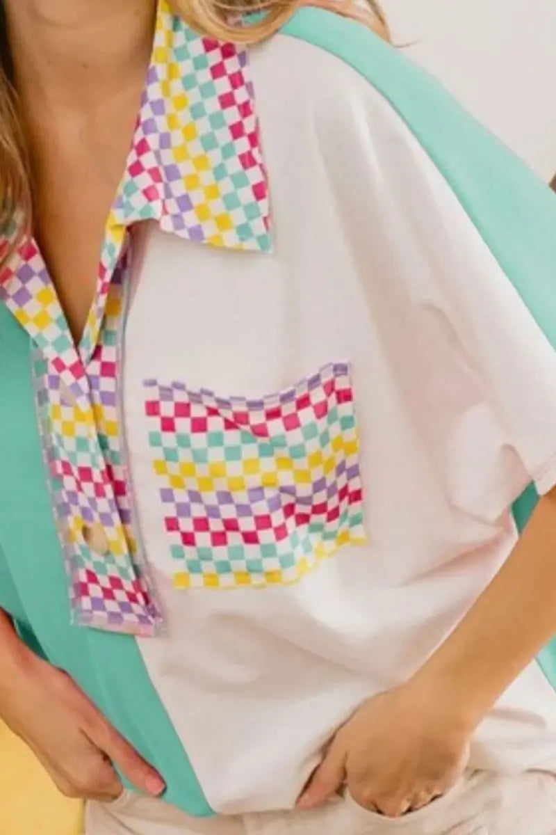 BiBi Color Block Knit with Multi Checker Contrast Top - Love Salve